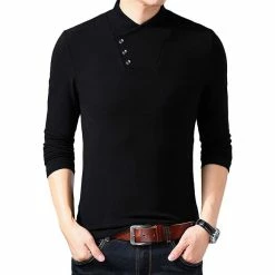 RebelsMarket T-Shirts Streetwear Black Asymmetric Button Design Stand Collar Slim Fit TShirt