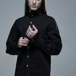 Punk Rave Shirts Black Embroidered Ribbon Lace Cuffs Button-Up Shirt