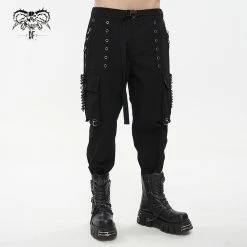 Thinkers Clothing Black Metal Rings Holes Buckle Strap Large Pockets Punk Pants