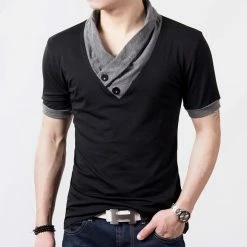 RebelsMarket T-Shirts Streetwear Buttoned V-neck Patchwork Slim Fit T-shirt