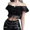 RebelsMarket Standard Tops Gothic Steampunk Punk Goth Black Off Shoulder Flare Sleeve Mesh Hollow Out Drawstring Crop Top -Women’s Gothic Outerwear Shop goth black off shoulder flare sleeve mesh hollow out drawstring crop top rebelsmarket