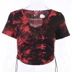 Women’s Gothic Outerwear Shop -Women’s Gothic Outerwear Shop gothic short sleeve back red tie dye scoop neck drawstring crop top rebelsmarket 1