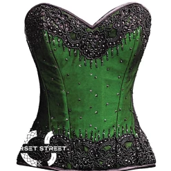 RebelsMarket Bustiers & Corsets Green Satin Black Handmade Sequins Gothic Burlesque Overbust Corset Costume