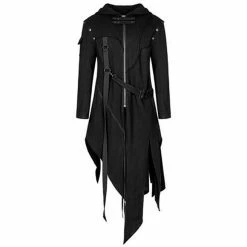 RebelsMarket Coats Gothic Punk Vintage Retro Irregular Length Zipper Strap Hooded Coat