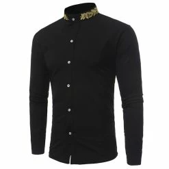 RebelsMarket Shirts Gothic Vintage Retro Men’s Stand Collar Gold Embroidery Slim Fit Shirt
