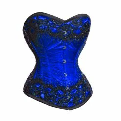 RebelsMarket Bustiers & Corsets Plus Size Blue Satin Overbust Black Sequin Goth Burlesque Halloween Corset