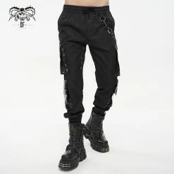 Thinkers Clothing PU Leather Pockets Patchwork Hanging Chain Elastic Waist Black Pants