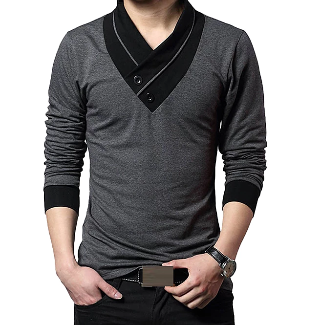 RebelsMarket T-Shirts Streetwear Irregular Collar Slim Fit Long Sleeve Patchwork T Shirt Men - Image 3