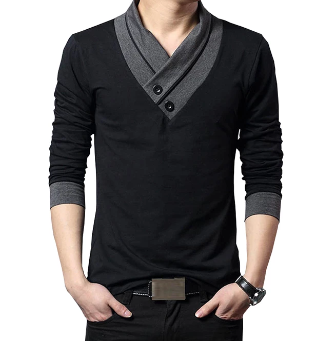 RebelsMarket T-Shirts Streetwear Irregular Collar Slim Fit Long Sleeve Patchwork T Shirt Men