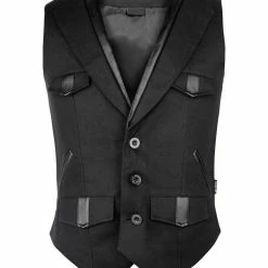 RebelsMarket Vests Men Black Imitation Leather Waistcoat Vest With Elegant Pockets Steampunk G
