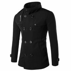 RebelsMarket Coats Streetwear Men's Woven Stand Collar Double Breasted Pocket Slim Fit Trench Coat