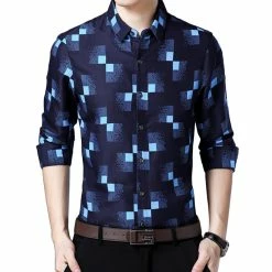 RebelsMarket Shirts Streetwear Pixel Checkered Design Slim Fit Long Sleeve Shirt Men