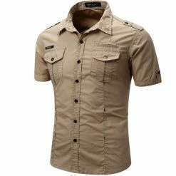 RebelsMarket Shirts Military Summer Style Cotton Solid Men Casual Cargo Shirt Plus Size
