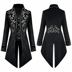 RebelsMarket Coats Turn-Down Collar Embroidery Decoration Button-Up Long Tailcoat